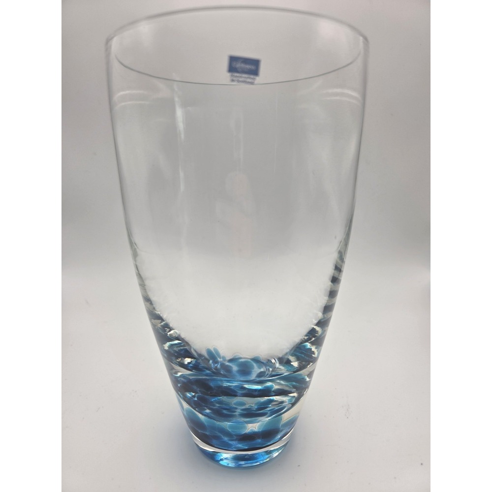 Caithness Scotland Art Glass Vase Blue Controlled Bubble Base Signed Label 9"